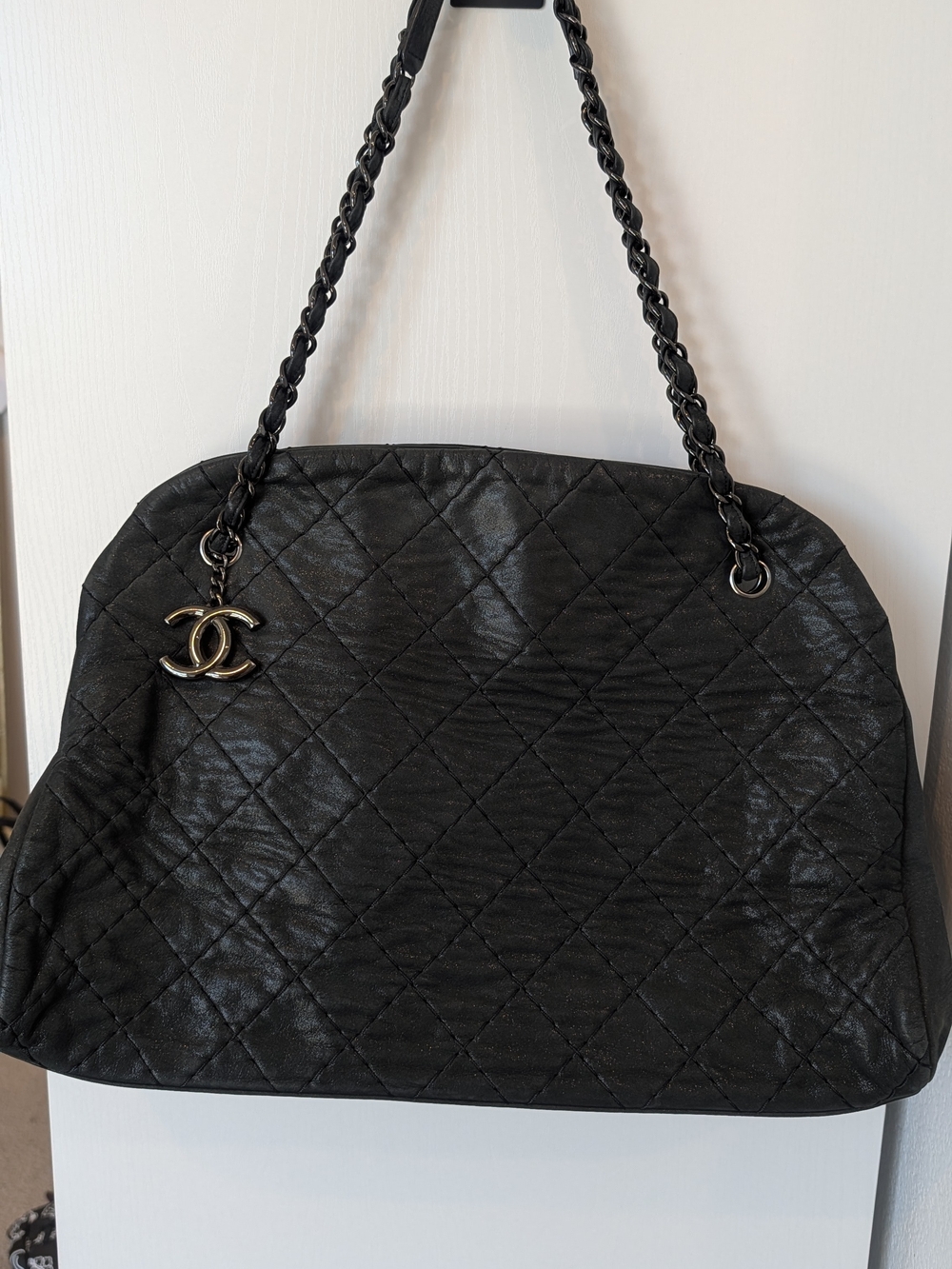 Iridescent Calfskin Large Just Mademoiselle Bowling Bag Black